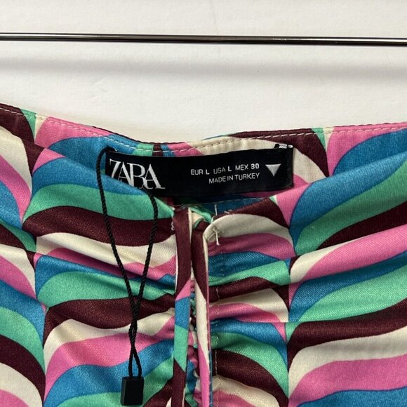 Zara Printed Flare Pants Size L Large Colorful Satin Low Rise - Picture 3 of 7